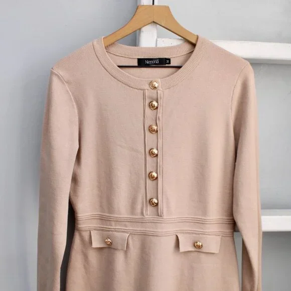 NENONA Tan Knit Long Sleeve Gold Button Mini Dress Size Medium - Picture 3 of 6